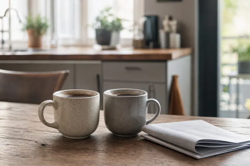 Deux tasses de café posées près d'un relevé bancaire fermé