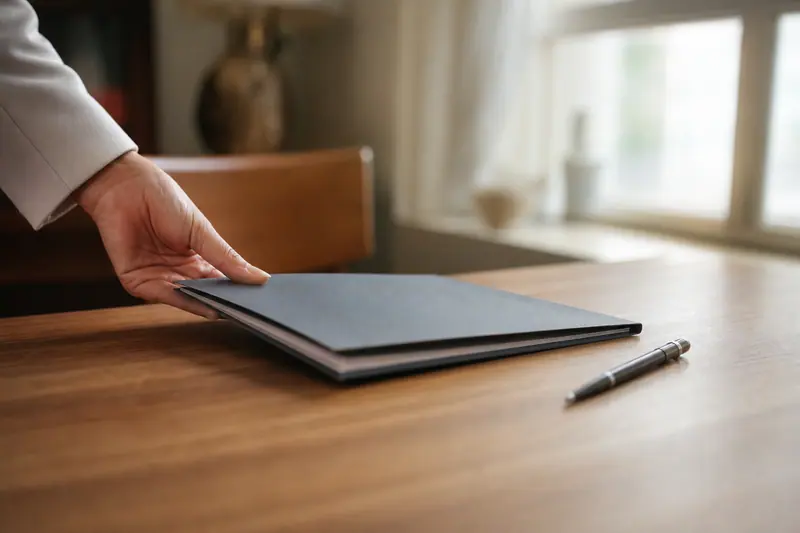Dossier médical fermé posé sur une table près d'un stylo