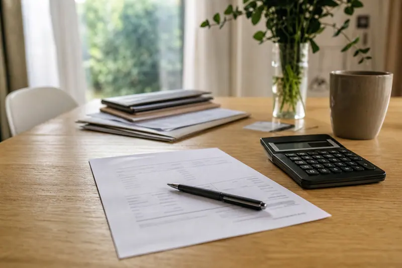Facture et calculatrice posées sur une table avant une demande de crédit