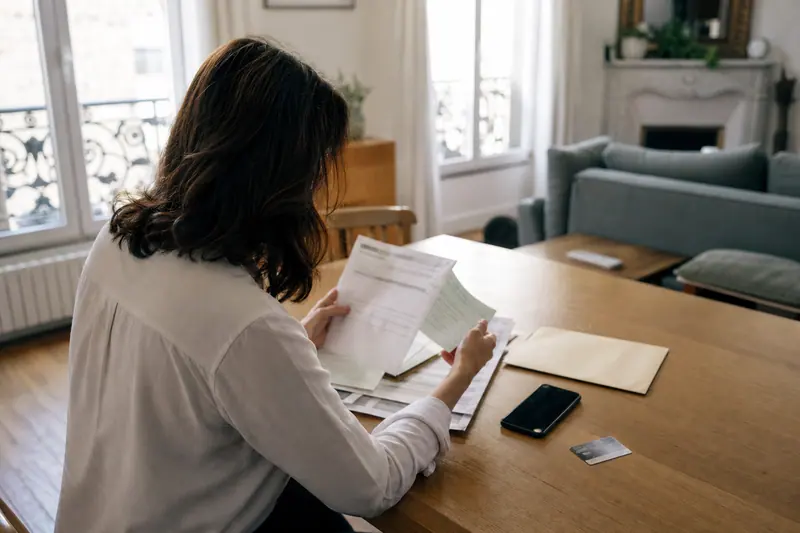 Ancienne cliente triant des relevés bancaires et documents à son domicile.