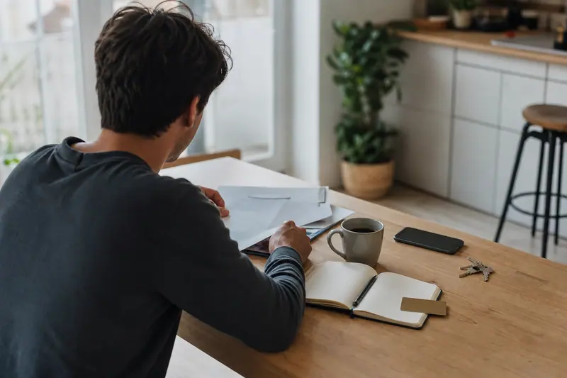 Jeune adulte préparant ses documents bancaires et son budget sur une table lumineuse.