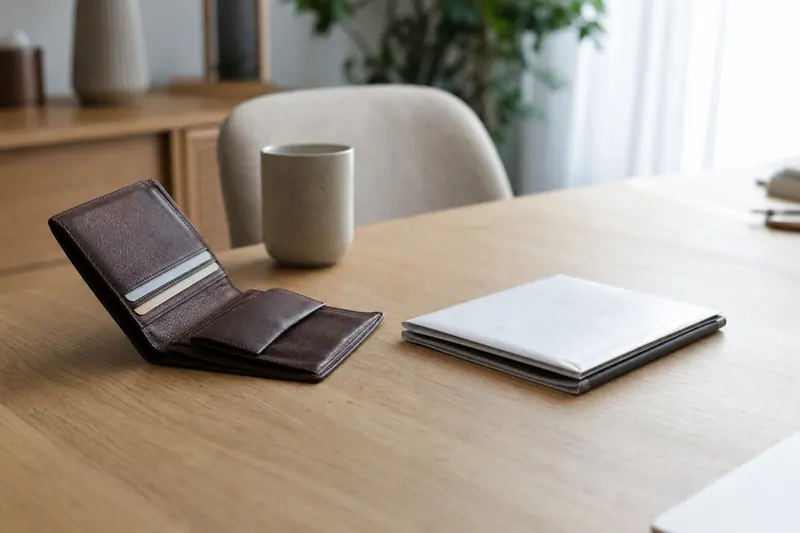 Portefeuille en cuir ouvert posé près d'un relevé de compte fermé