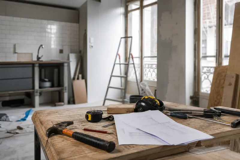 Outils de bricolage et devis posés sur une table de chantier