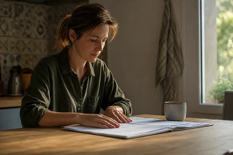 Femme consultant des documents d’épargne salariale à la table de sa cuisine