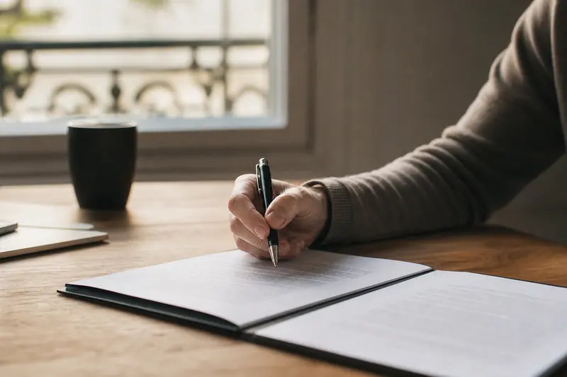 Main posant un stylo sur un contrat ouvert avant signature