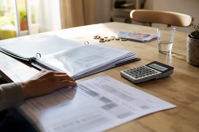 Documents financiers, calculatrice et monnaie sur une table éclairée par la lumière naturelle.
