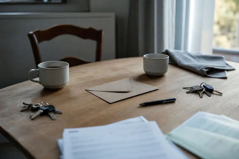 Table où deux trousseaux de clés séparés voisinent avec un courrier administratif fermé.