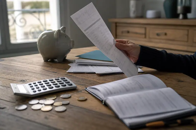 Documents financiers, calculatrice et épargne sur une table près d’une fenêtre.