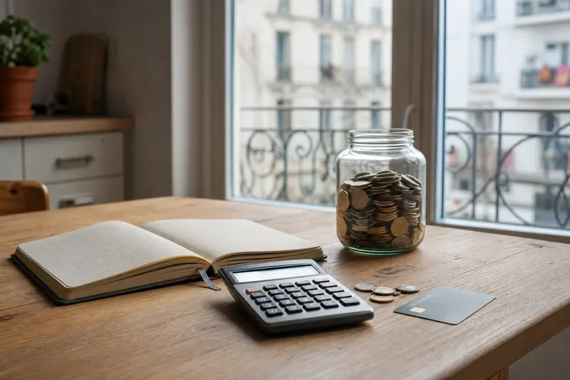 Carnet, calculatrice et épargne disposés sur une table près d’une fenêtre.