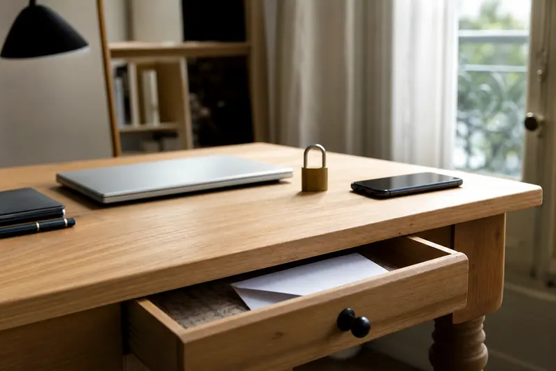 Ordinateur portable fermé et documents rangés sur un bureau domestique sécurisé.
