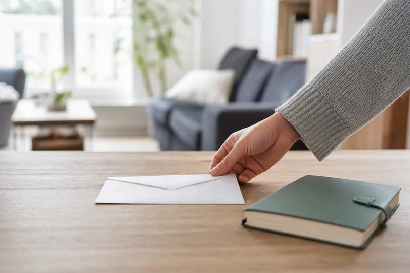 Enveloppe posée sur une table près d'un carnet d'épargne fermé