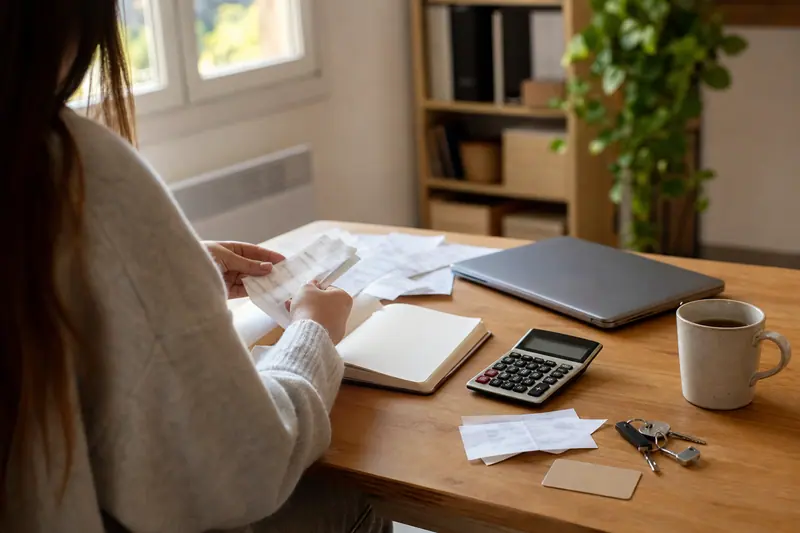 Étudiante organisant ses dépenses de rentrée sur une table de travail.