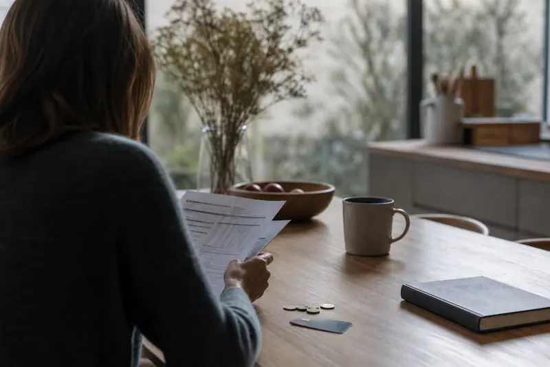 Relevés et carte bancaire posés sur une table de cuisine lumineuse.