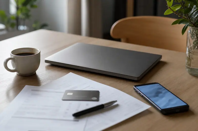 Documents bancaires, carte neutre et téléphone posés sur une table de cuisine.
