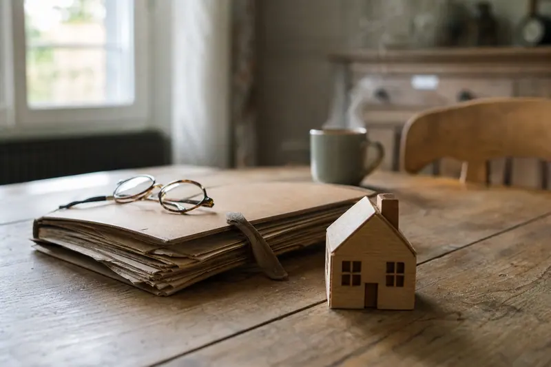 Dossier ancien entrouvert et petite maison en bois posés sur une table en chêne