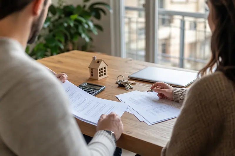 Couple étudiant un dossier de financement à domicile près de clés de logement