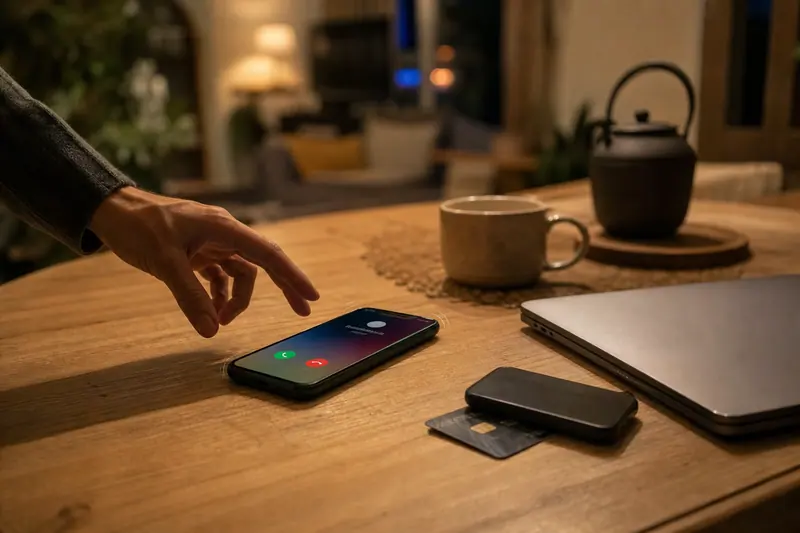 Téléphone et carte bancaire sur une table, scène de vigilance face à une fraude.