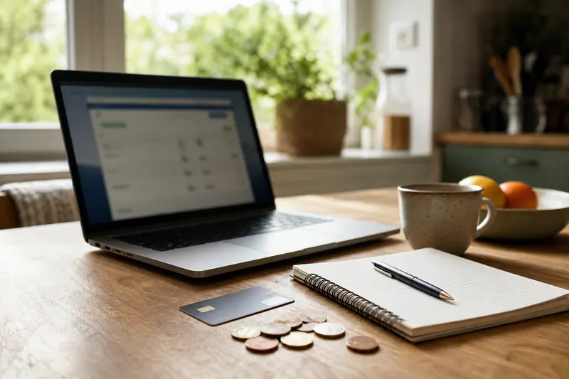 Ordinateur, carte bancaire et carnet sur une table pour comparer un compte bancaire.