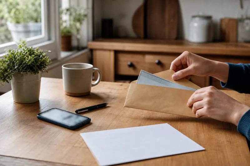 Préparation d’un chèque papier et d’une enveloppe à côté d’un smartphone.