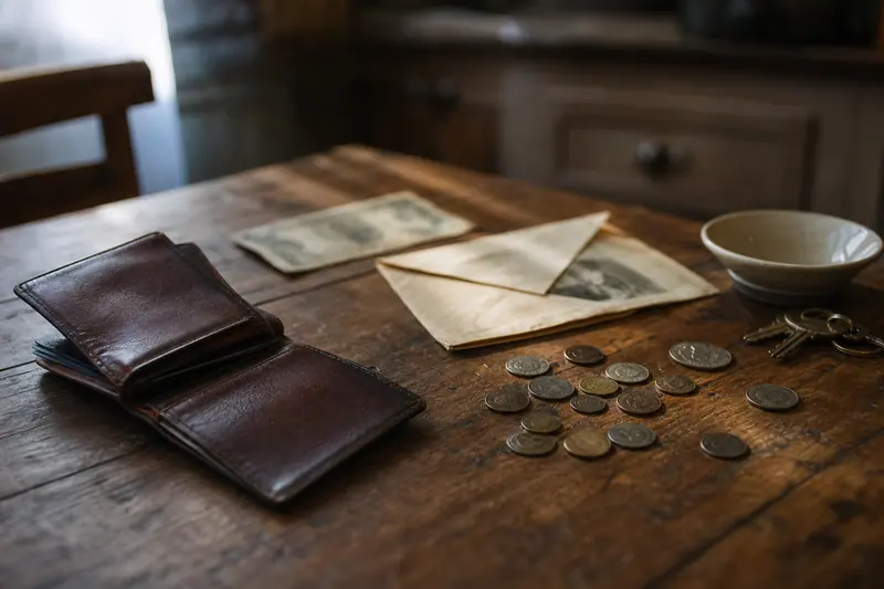 Billets et pièces en francs posés sur une table en bois.