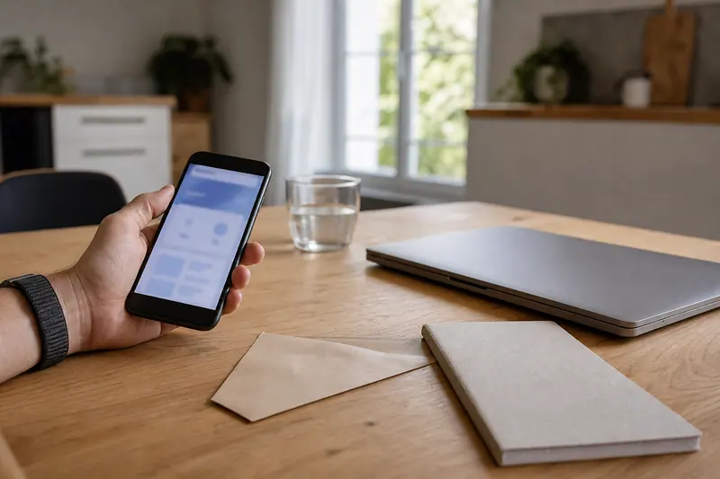 Personne consultant une application bancaire sur smartphone à une table de cuisine.