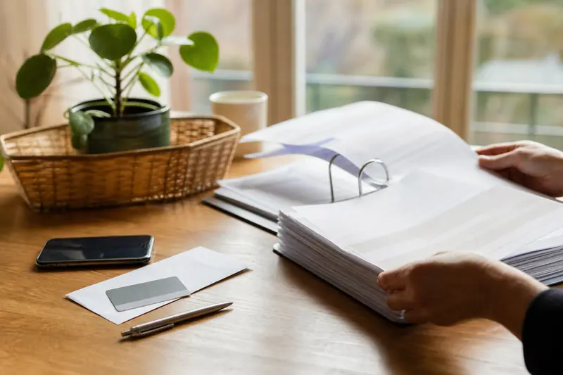 Documents bancaires anonymisés et carte posés sur une table, vérification d’un ancien compte.