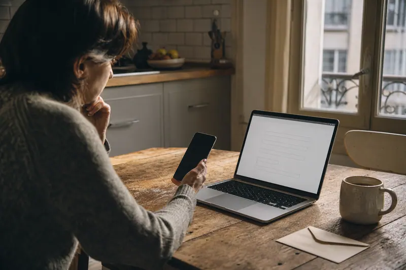 Personne remplissant un formulaire en ligne sur ordinateur portable, smartphone en main, dans sa cuisine