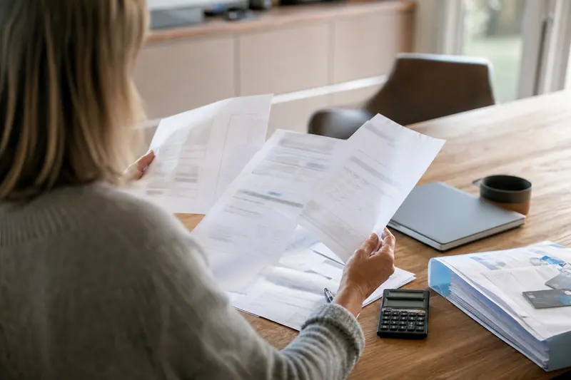 Courriers bancaires et documents rangés sur une table pour vérifier un ancien compte.