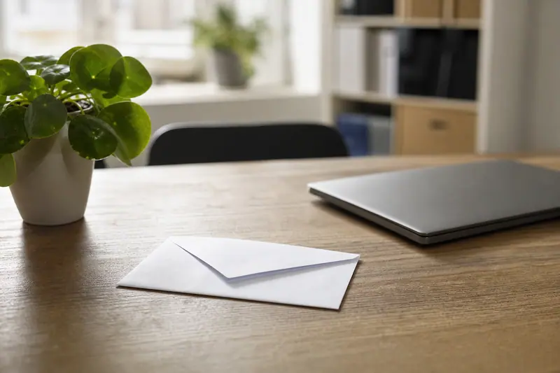 Enveloppe de bulletin de paie fermée posée sur un bureau