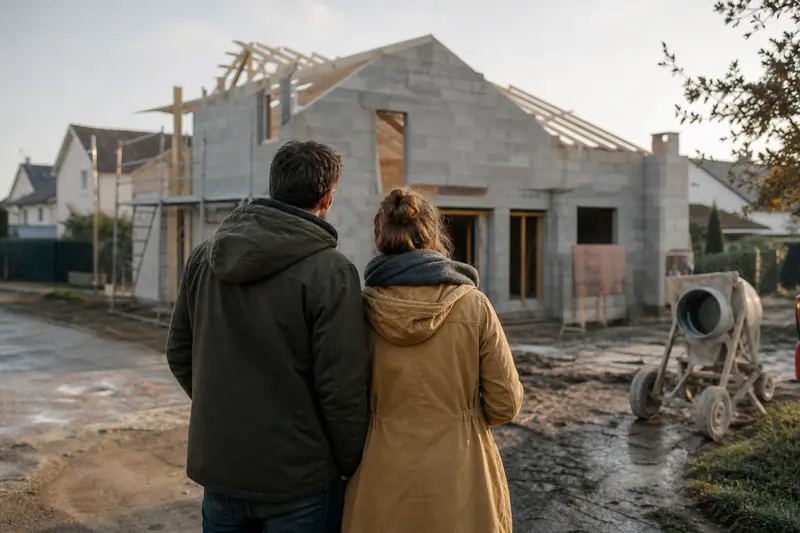 Couple observant de dos le chantier de sa future maison en construction avec charpente et échafaudage