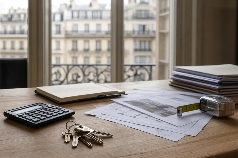 Dossier immobilier, clés et calculatrice sur une table dans un appartement parisien.