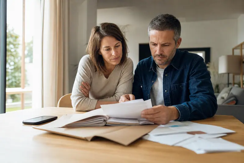Couple réunissant des documents administratifs à la table de leur séjour