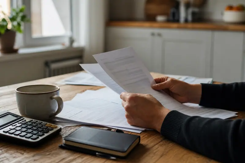 Mains consultant des documents bancaires près d’une calculatrice sur une table en bois.
