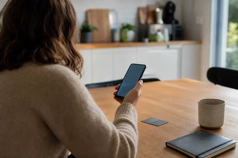 Téléphone Android sécurisé posé près d’une carte bancaire sur une table.