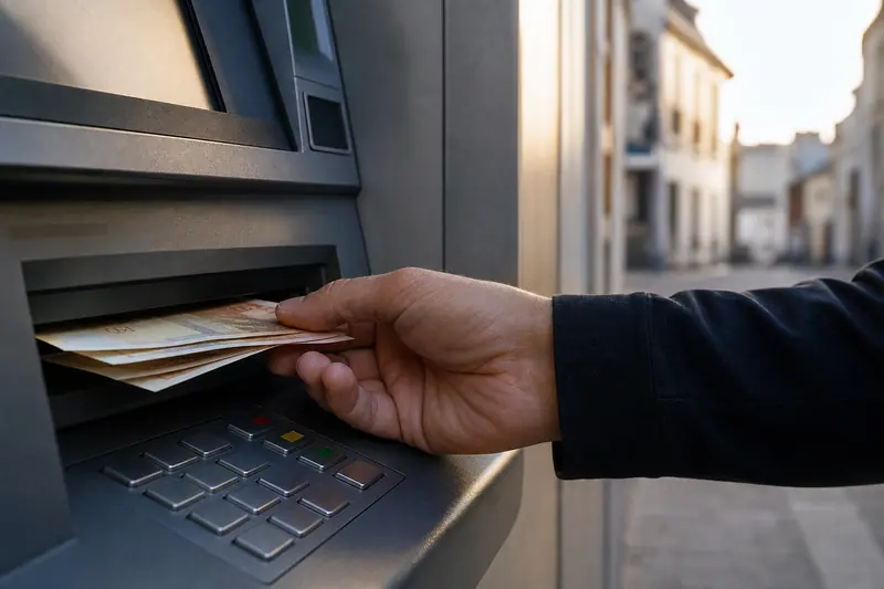 Main retirant des billets d’un distributeur automatique dans une rue française.