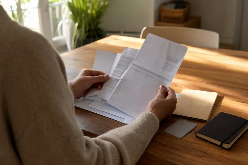 Mains triant d’anciens documents bancaires sur une table en bois clair.