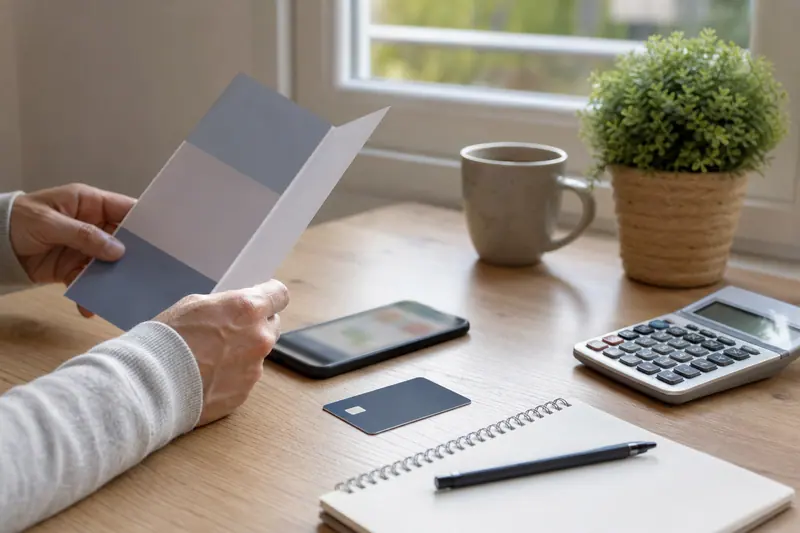 Comparaison de documents bancaires, carte et smartphone sur une table lumineuse.