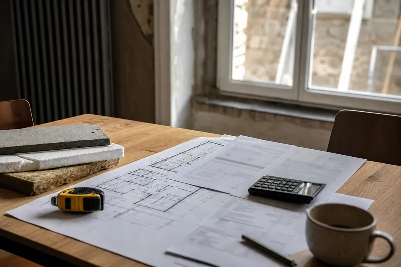 Table de cuisine avec devis flous, calculatrice et matériaux de rénovation énergétique.