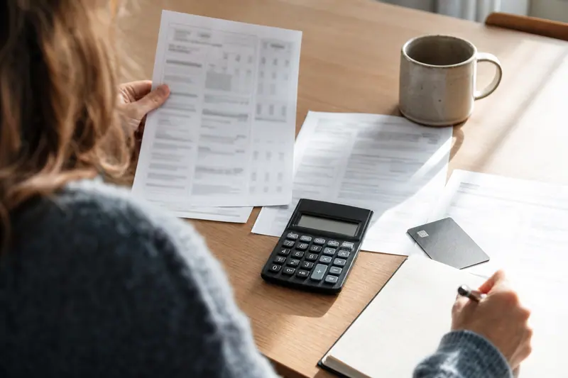 Comparaison de tarifs bancaires sur une table avec calculatrice et carte générique.