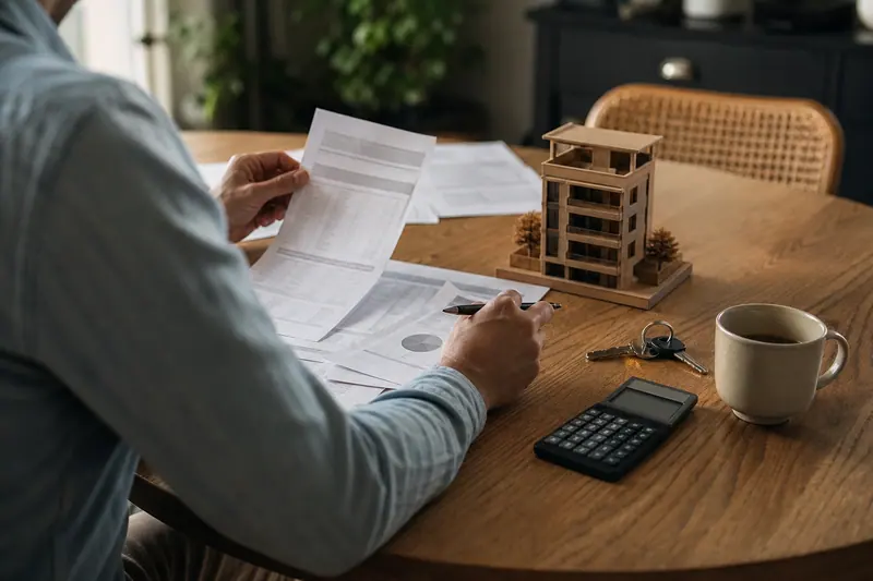 Documents financiers, calculatrice et maquette immobilière sur une table lumineuse.