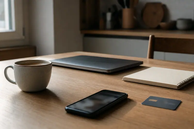 Téléphone verrouillé et carte bancaire sur une table de cuisine lumineuse.