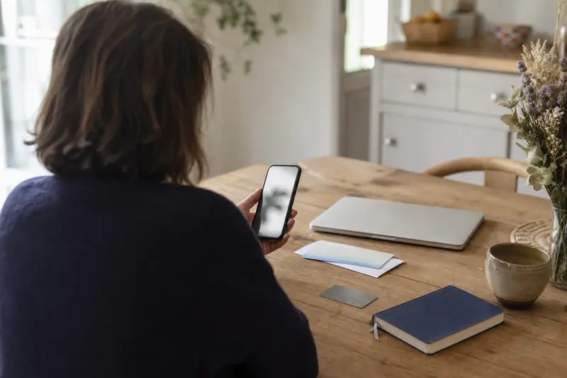 Client comparant ses options bancaires à distance sur smartphone à domicile.