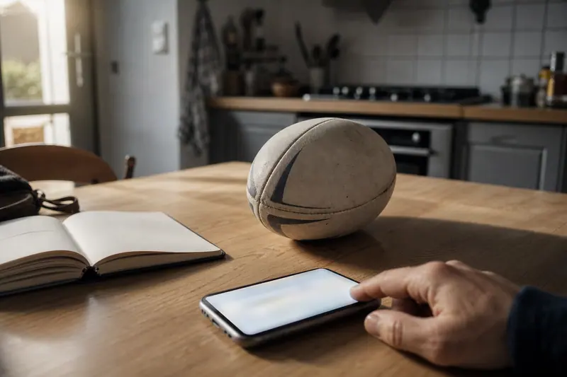 Smartphone près d’un ballon de rugby pour vérifier un message suspect.