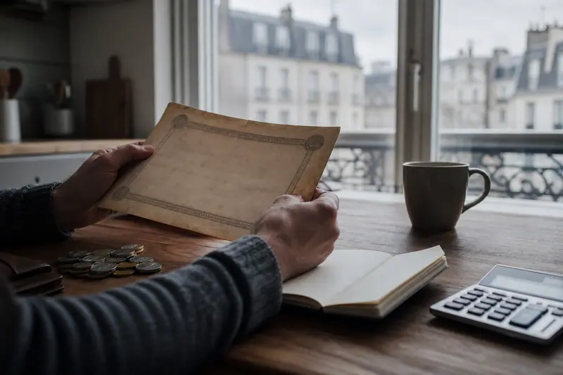 Documents financiers, calculatrice et tasse sur une table devant des immeubles européens.