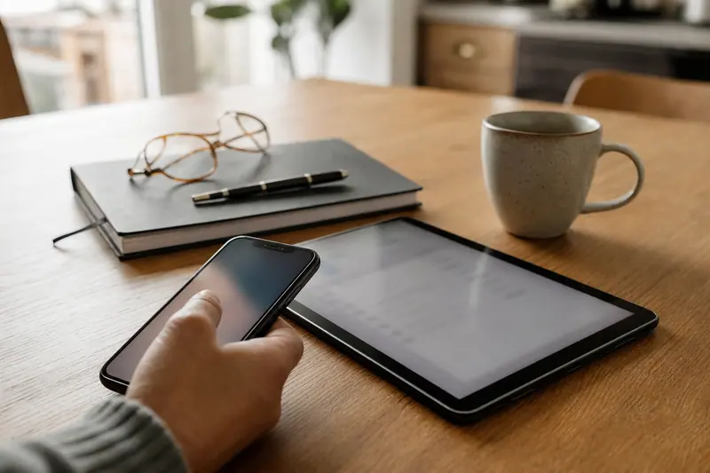 Téléphone et tablette sécurisés pour consulter un compte bancaire à domicile.