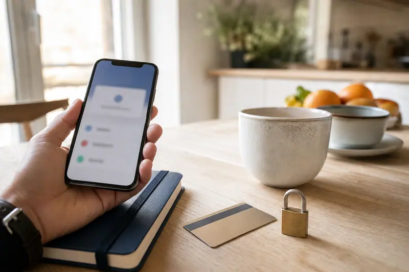 Téléphone verrouillé près d’une carte bancaire sur une table en bois.