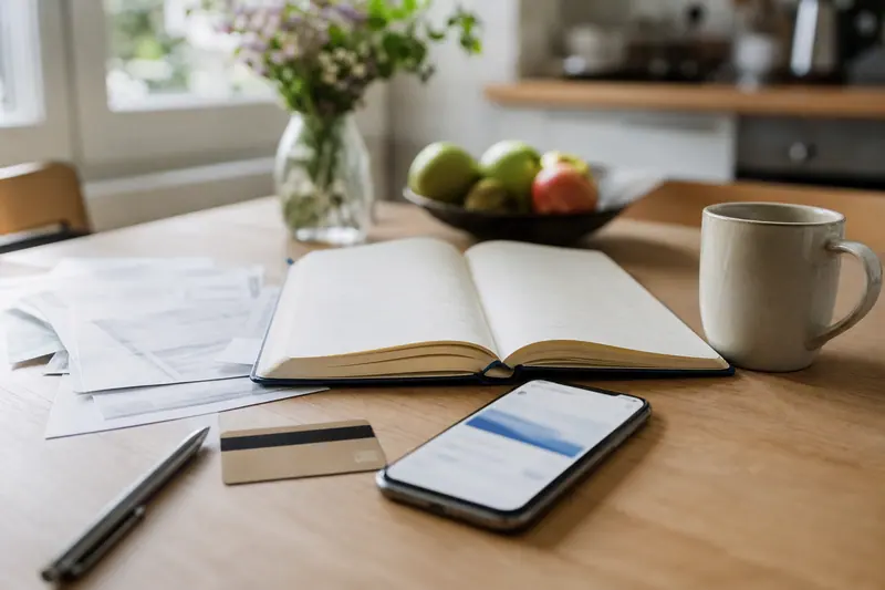 Smartphone et documents bancaires posés sur une table en bois clair.