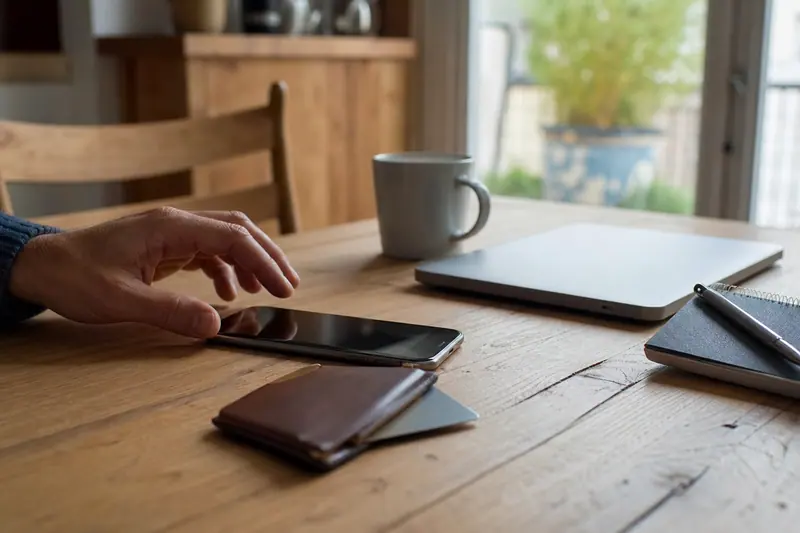 Smartphone et carte bancaire sur une table, illustration de vigilance numérique.