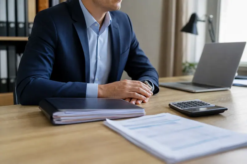 Dossier de liquidation et calculatrice sur le bureau d’un entrepreneur.