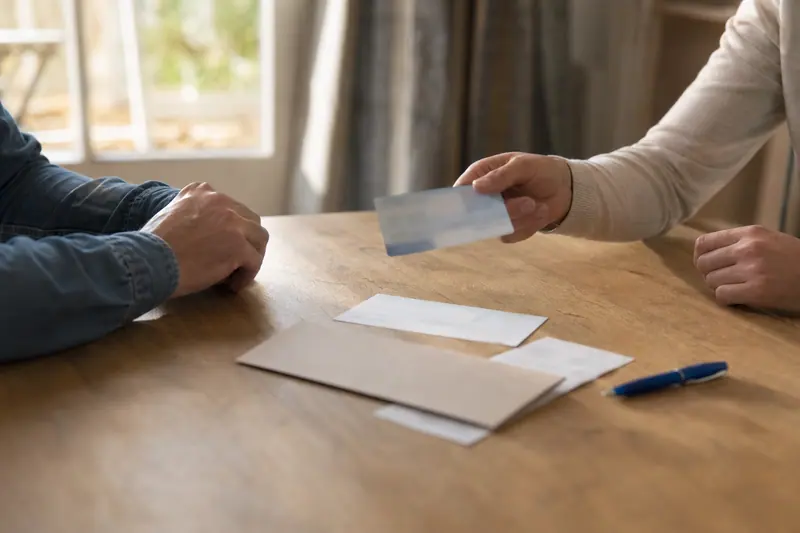 Mains échangeant un chèque sur une table lors d’une vente entre particuliers.